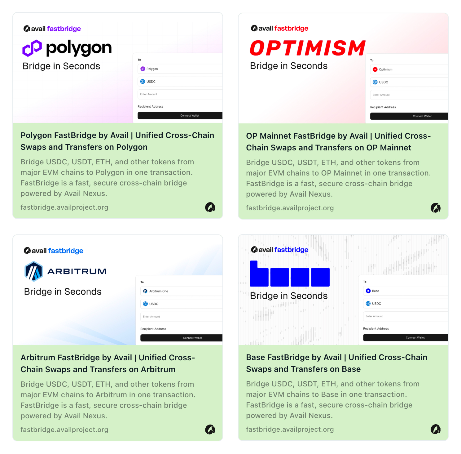 Chain-specific meta tags rendering across Fastbridge pages, each chain gets its own title, description, OG image, and theme color